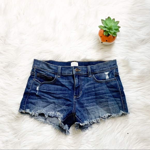 Dark Wash Mid Rise Distressed Shorts Plaid Pockets - Picture 4 of 9